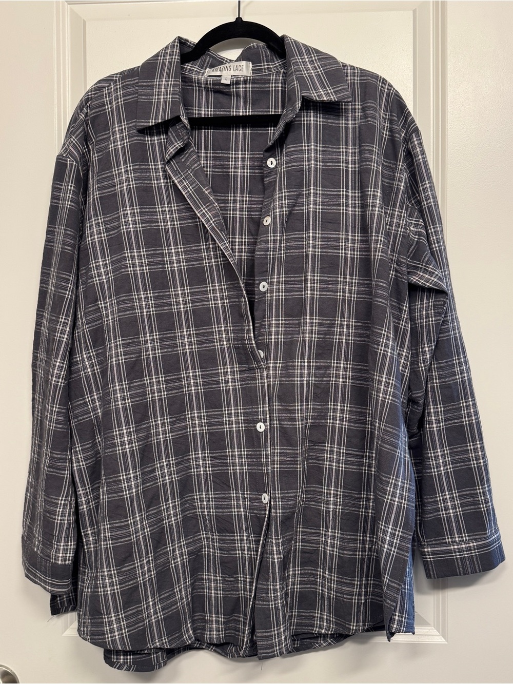 Amazing Lace navy grey plaid button-up dress, built in shorts, size L